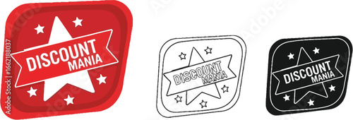 Three discount mania icons in red outline and black and white
