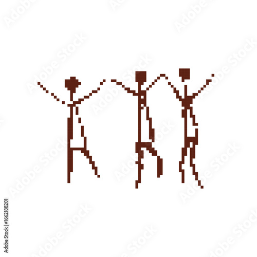Pixelated cave art of three stick figures dancing, inspired by tribal rituals and ancient wall paintings. Ideal for survival games or educational projects.