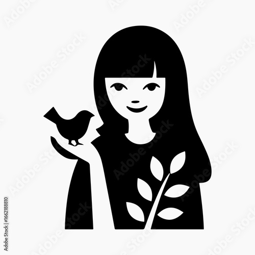 Girl Holding Baby Bird Flat Icon Simple Black Silhouette Illustration, Girl Holding Ideas Signs Bird And Girl symbol