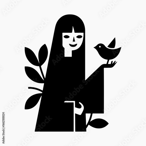 Girl Holding Baby Bird Flat Icon Simple Black Silhouette Illustration, Girl Holding Ideas Signs Bird And Girl symbol