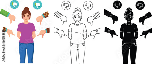 Upset woman surrounded by thumbs down and pointing fingers icons
