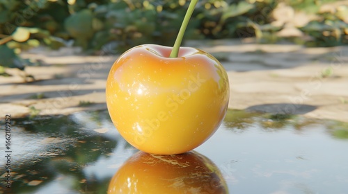 Single Ripe Yellow Cherry on Reflective Surface Outdoor
