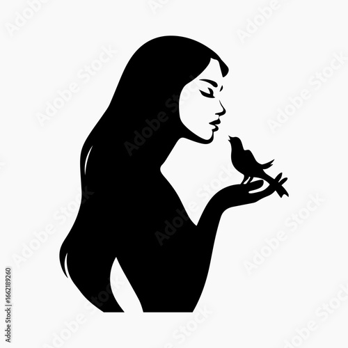 Girl Holding Baby Bird Flat Icon Simple Black Silhouette Illustration, Girl Holding Ideas Signs Bird And Girl symbol