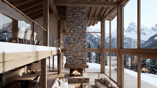 Luxurious chalet interior with a stone fireplace, large windows, and mountain views, showcasing a cozy atmosphere.