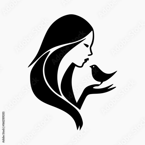 Girl Holding Baby Bird Flat Icon Simple Black Silhouette Illustration, Girl Holding Ideas Signs Bird And Girl symbol