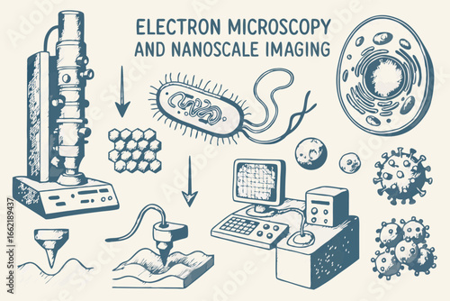 Electron Microscopy and Nanoscale Imaging Sketch Illustration