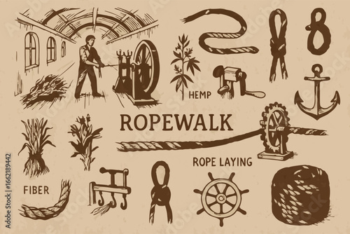 Ropewalk Illustration: Vintage Rope Making Process and Maritime Elements