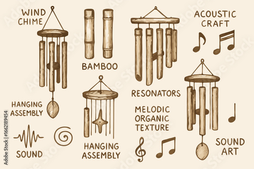 Hand-Drawn Wind Chime Designs with Bamboo Resonators and Acoustic Elements