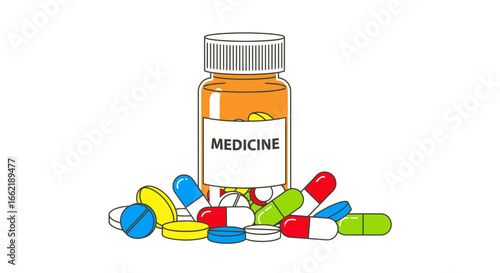 Illustration of a medicine bottle surrounded by a colorful assortment of pills and capsules on a white background, symbolizing healthcare and pharmaceutical products