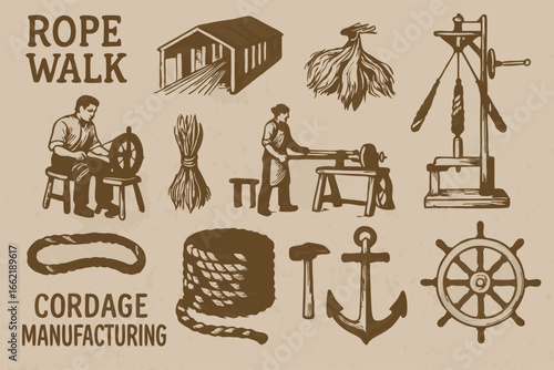 Vintage Cordage Manufacturing Vector Set