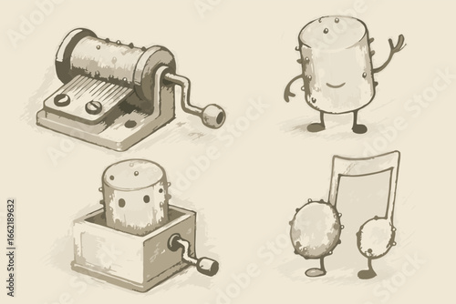 Whimsical Music Box and Note Characters Pencil Sketch