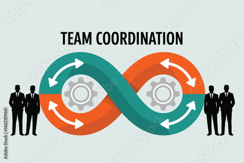 Team coordination concept with infinity symbol, arrows, gears, and business people silhouettes on light background