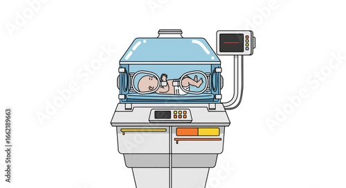 Newborn infant in a medical incubator, displaying vital signs on a monitor, highlighting neonatal care and premature baby support