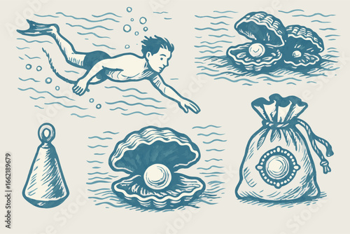 Pearl Diver Illustration: Underwater Search for Treasure
