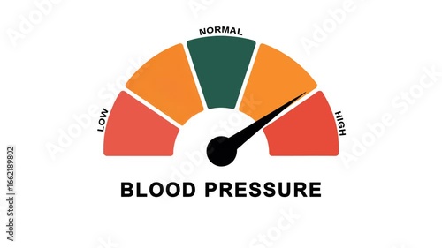 Animated blood pressure level meter increasing from normal to high level for concepts related to high blood pressure, hypertension and heart health
