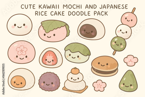 Cute Kawaii Mochi Japanese Rice Cake Dessert Doodle Vector Illustration Set