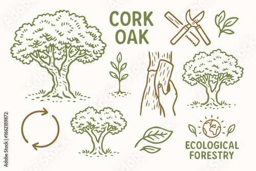 Cork Oak Tree Cultivation and Ecological Forestry Icon Set