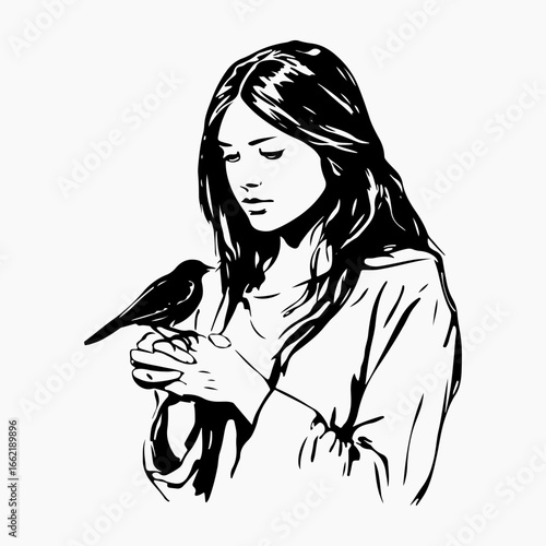 Girl Holding Baby Bird Flat Icon Simple Black Silhouette Illustration, Girl Holding Ideas Signs Bird And Girl symbol