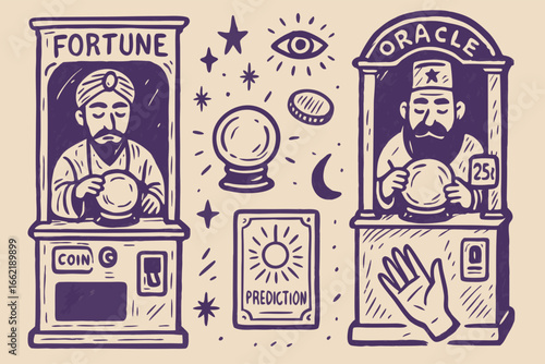 Fortune Teller and Oracle Booths with Mystical Elements Illustration