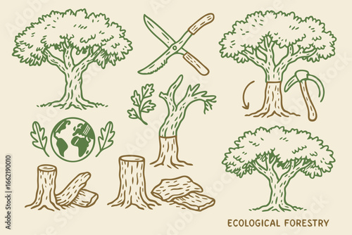 Ecological Forestry Doodle Style Vector Illustration Set with Trees, Earth, and Tools