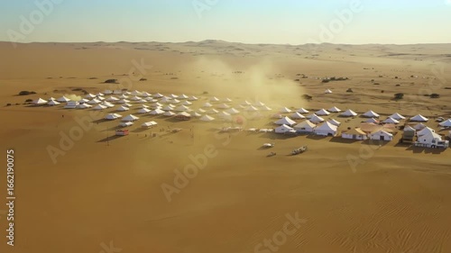 Sandstorm sweeping over desert camp in the empty quarter