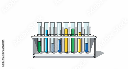 Laboratory test tubes filled with vibrant blue, green, and yellow liquids, meticulously arranged in a rack, symbolizing ongoing scientific experiments and chemical reactions
