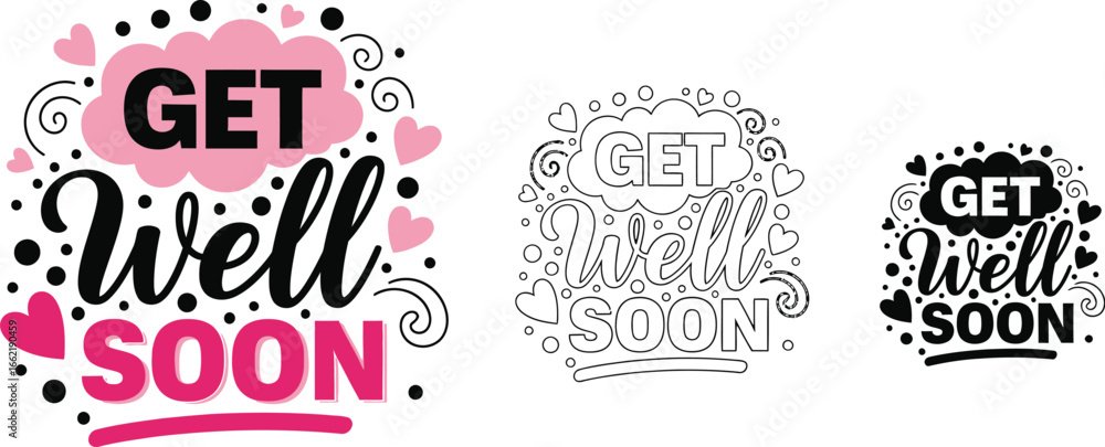 Fototapeta premium Three get well soon designs with hearts and decorative elements