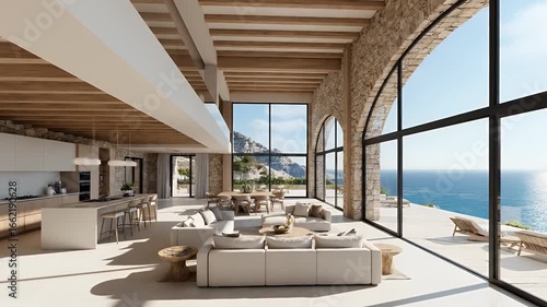 Luxurious open-plan interior with ocean view, featuring living and dining areas with natural light.
