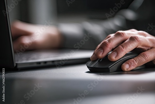 Close-up of hands using a laptop and mouse.  Hands on a gray surface,  working on a laptop.  Focus on the mouse