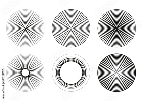 Black concentric circle set. Collection of sonar rings, sound waves, halftone and linear target icons. Ripple, radar, epicenter, and vibration elements in vector line style.