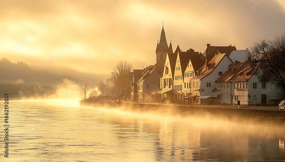 Naklejka premium Donauworth Riverside Buildings Reflective River in Early Morning Golden Mist Scenery