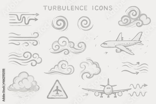 Turbulence Icons Set, Airplane and Wind Symbol Collection