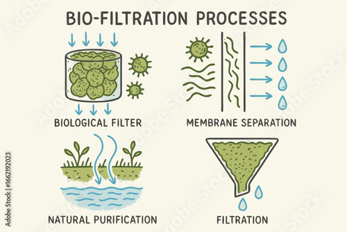 Biofiltration Processes: Biological Filter, Membrane Separation, Natural Purification, Filtration Diagram
