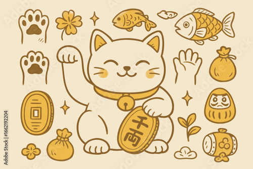 Lucky Cat Maneki Neko with Charm Icons - Japanese Feng Shui Vector Illustration