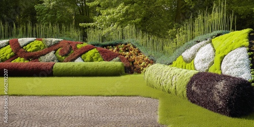 Vibrant floral garden landscape with colorful flowerbeds and lush greenery.