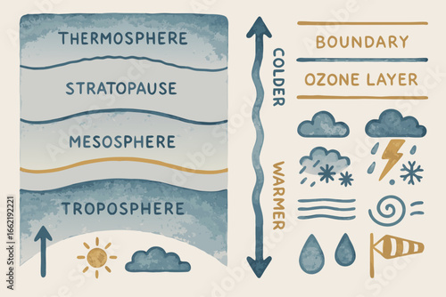 Atmospheric Layers and Weather Elements Watercolor Illustration