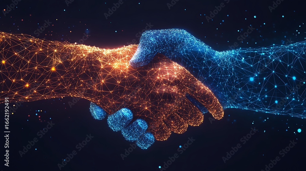 Fototapeta premium Digital Handshake; Orange & Blue Glowing Plexus Hands over Transparent Background