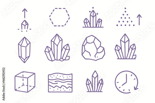 Minimalist Line Art Icons of Crystals, Geology, and Scientific Concepts