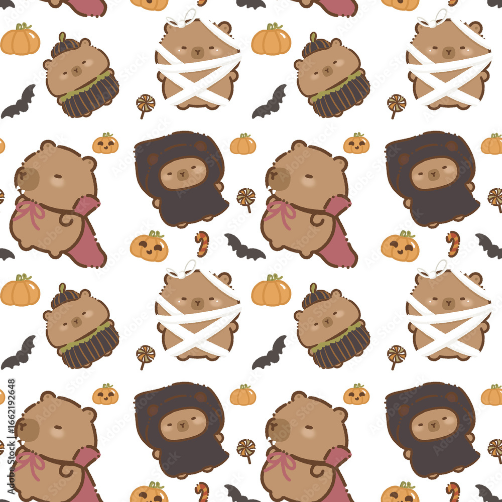 Obraz premium Cute Halloween Capybaras Seamless Pattern