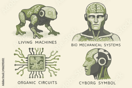 Living Machines, Bio-Mechanical Systems, Organic Circuits, Cyborg Symbol - Hand Drawn Illustration