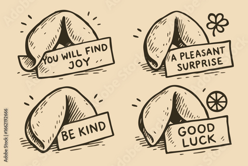 Fortune Cookie Set with Positive Messages, Line Art Style