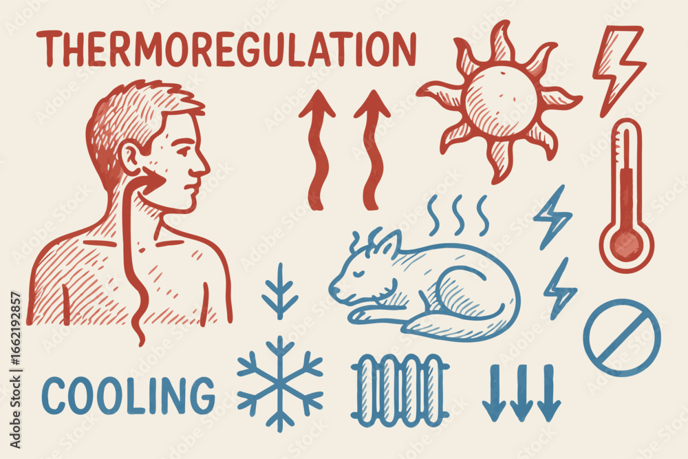 Fototapeta premium Thermoregulation Doodle: Human and Animal Temperature Control
