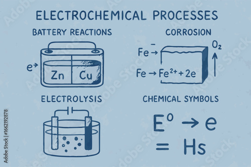 Electrochemical Processes Illustration: Battery, Corrosion, Electrolysis, Chemical Symbols