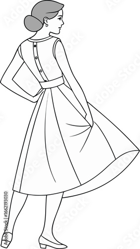 Vintage fashion illustration of a woman in a modest dress