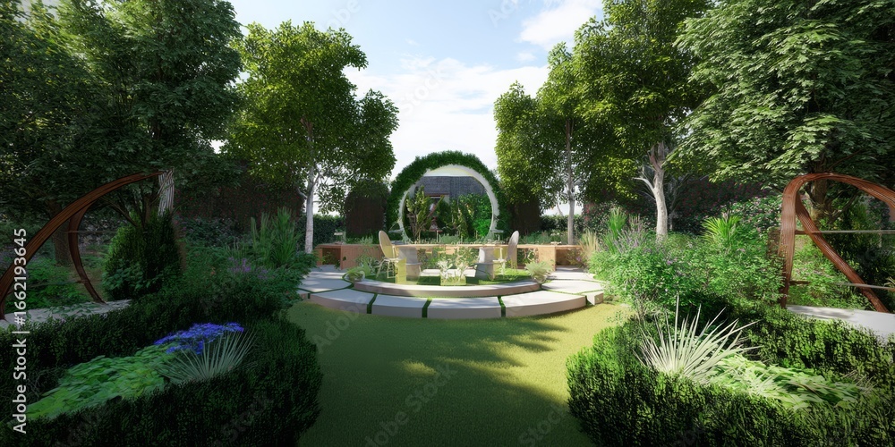 Fototapeta premium Serene garden landscape with lush greenery and circular arbor.