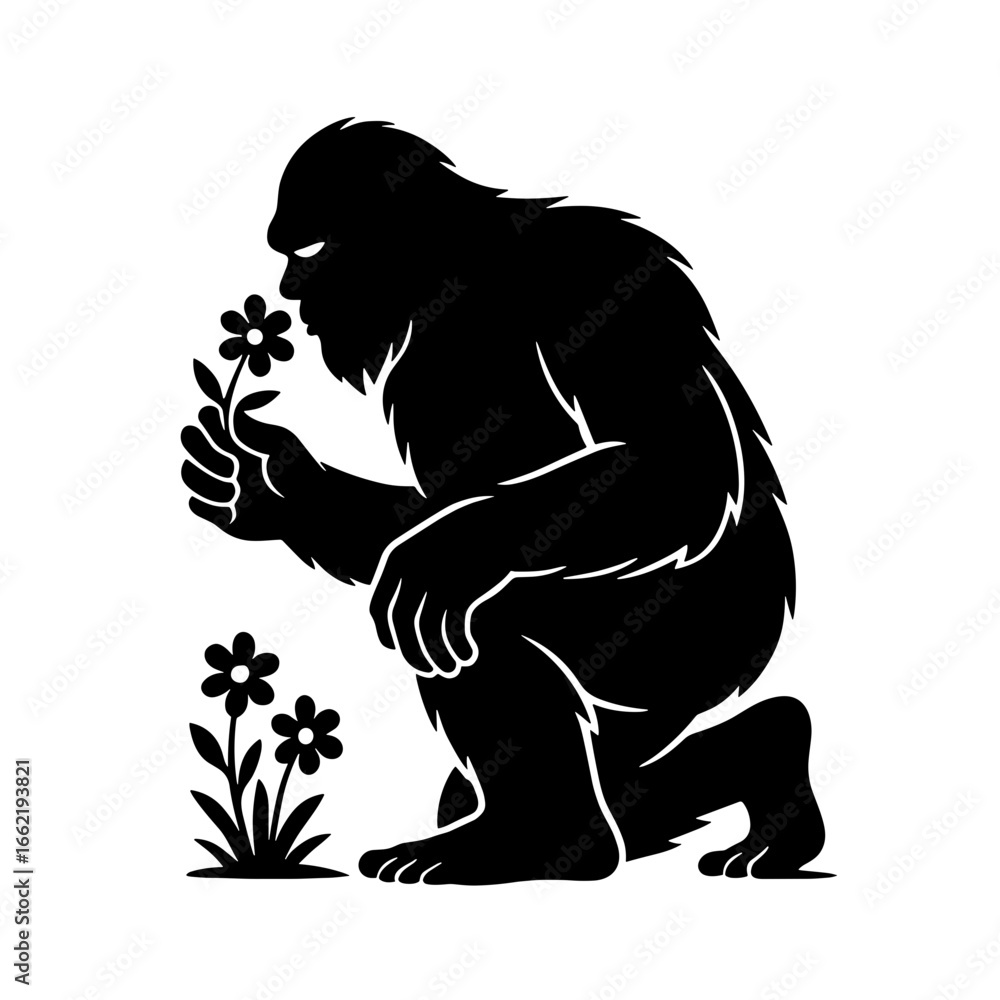 Obraz premium A whimsical silhouette of a bigfoot delights in the delicate aroma of a flower, showcasing a charming contrast between the mythical creature and the simple beauty of nature.