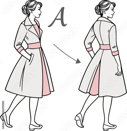 Vintage fashion illustration of a woman in a modest dress