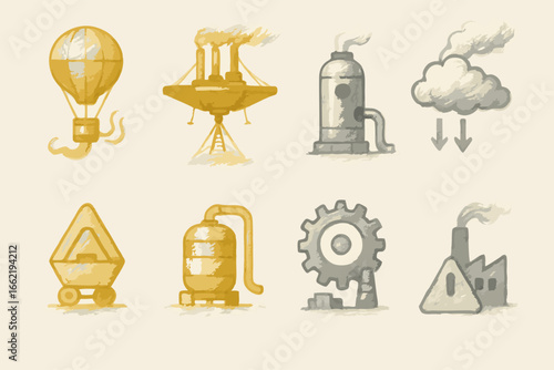 Industry and Environment Icons - Pollution, Manufacturing, Transportation, Resources