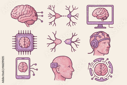 Brain Computer Interface and AI Technology Icons
