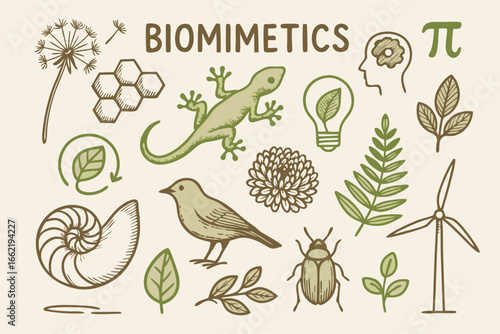 Biomimicry Concept: Nature Inspired Design Elements Vector Illustration